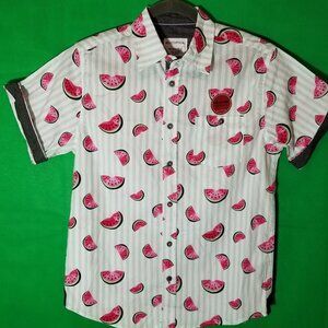Distortion Boys Button Up Shirt Striped Watermelons Size M 10/12 Retro NWT